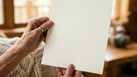 Senior man with wrinkled hands holding blank white paper sheet indoors, suitable for mockup, advertising, and presentation designs.