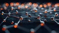 Molecular structure model with glowing orange lights on dark background, scientific visualization of nanotechnology and chemical bonds for research.
