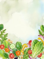 Watercolor salad ingredients border with fresh vegetables, tomato slices, cucumber, lettuce, bell pepper and onion arranged on cream background. Ideal for food, recipe, cooking and healthy eating designs.