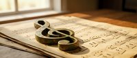 Golden treble clef symbol resting on sheet music with warm sunlight streaming through window creating artistic shadows on wooden surface for music education.