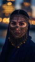 Middle Eastern woman wearing ornate golden face veil with intricate beadwork and chains against warm bokeh lights background for cultural fashion concepts.