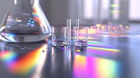 Laboratory glassware with vibrant rainbow light refraction effects on reflective surface, creating prismatic patterns and spectrum colors in scientific setting.