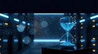 Digital hourglass with glowing blue light effects and bokeh particles in futuristic technology environment for time management concepts.