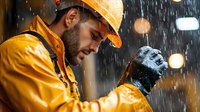 Bearded male construction worker in yellow raincoat and hard hat examining pipe joint in heavy rain, dramatic lighting creates moody industrial atmosphere.