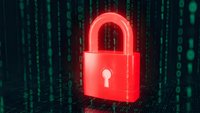 Red padlock icon glowing against digital matrix code background representing cybersecurity, data protection and network security concepts for tech designs.