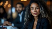 Young African American businesswoman with curly hair smiling confidently during corporate meeting, wearing professional attire against blurred office background with bokeh lights.