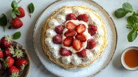 Fresh strawberry cream cake decorated with whipped cream rosettes and fresh berries on white plate, overhead view with scattered mint leaves and honey.