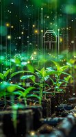 Green seedlings growing with digital house icons and light effects overlay, representing smart farming and agricultural technology advancement in modern era.