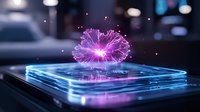 Glowing purple digital flower blooms above futuristic blue technology platform with neon light effects against dark background, creating sci-fi atmosphere.