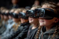 Young diverse audience wearing virtual reality headsets in dark auditorium, experiencing immersive technology during entertainment or educational event.