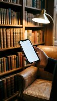 Hand holding smartphone with blank white screen in cozy library setting with vintage books, leather chair and warm desk lamp lighting for mockup designs.