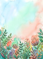 Watercolor floral border with teal green leaves and pastel blooms on soft peach mint background, copy space for greeting cards and posters.
