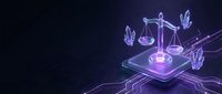 Digital justice scales with gavel on futuristic platform with glowing purple neon lights and circuit patterns on dark background for legal technology concepts.
