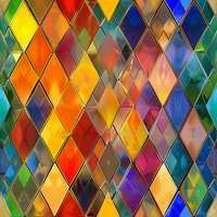 Vibrant diamond pattern with multicolored stained glass effect featuring yellow, blue, red and orange hues in seamless geometric arrangement. Repeats for wallpaper use.