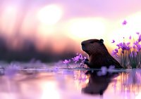 Silhouette of otter in purple water with iris flowers at sunset, dreamy atmosphere with reflection creates magical nature scene for wall art and greeting cards.