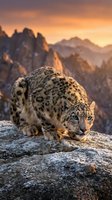 Snow leopard crouching on rocky ledge during golden hour sunset with dramatic mountain peaks in background for wildlife and nature photography.