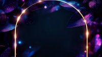 Glowing golden arch frame on dark background with purple and blue bokeh lights creates magical atmosphere for luxury design projects and celebrations.