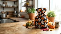 Halloween treat bag with pumpkin and ghost pattern on wooden kitchen counter surrounded by autumn decorations and small pumpkins for seasonal celebration.