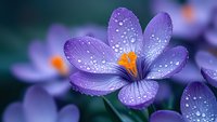 Purple crocus flower with water droplets in early spring garden, macro photography showing delicate petals and orange stamens.