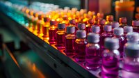 Colorful pharmaceutical vials on automated production line with vibrant pink and orange backlighting, showing industrial manufacturing process in modern facility.
