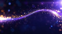 Magical glowing purple and gold light trail with sparkles and bokeh effects on dark blue background, cosmic energy flow with glittering particles.