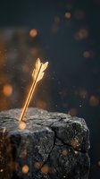 Glowing golden arrow emerging from ancient stone surface with magical bokeh lights and sparkling particles creating mystical fantasy atmosphere.