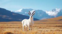 Majestic white dall sheep standing alert in golden autumn tundra grass with snow-capped mountain peaks and blue sky in background, wildlife photography.