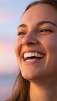 Young Caucasian woman with radiant smile enjoying golden hour sunlight outdoors with warm natural lighting and soft purple sky background for wellness content.
