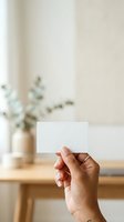 Hand holding blank white card with minimalist interior background featuring wooden table, ceramic vase with eucalyptus branches, and neutral beige wall for branding and business card mockup.