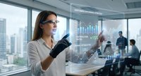 Professional businesswoman using augmented reality interface with data analytics in modern office environment for future technology solutions.