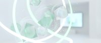 Transparent glass geometric shapes and glowing neon circles in soft green and white tones, creating an abstract modern composition for digital design and technology backgrounds.