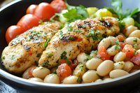 Grilled chicken breast with fresh herbs served alongside white beans, cherry tomatoes and cucumber in light dressing, garnished with parsley on black plate.