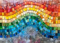 Colorful mosaic wall with rainbow wave pattern made from small glass tiles. Vibrant spectrum of colors flows from red and orange through green to blue in curved lines.
