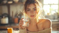 Young blonde woman drinking water from glass jar in sunlit kitchen during morning routine for healthy hydration lifestyle and wellness habits.