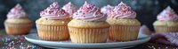 Vanilla cupcakes topped with pink buttercream frosting and colorful sprinkles arranged on white plate against dark background, panoramic food photography.