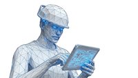 Digital wireframe construction worker using tablet with blueprints in futuristic low poly style isolated on white background for technology design.