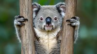 Playful koala bear peeking between tree trunks with paws gripping bark, tongue sticking out in cheeky expression against blurred green forest background.
