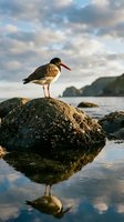 Oystercatcher bird standing on coastal rock with reflection in calm water during golden hour sunset light creating serene seascape atmosphere.