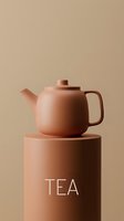 Minimalist terracotta teapot on a matte clay pedestal with tea lettering, warm beige background, cozy kitchen aesthetic for branding.