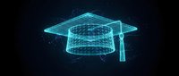 Glowing wireframe graduation cap with digital particles on dark background, representing online education, e-learning, and academic achievement for web and tech design.