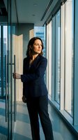 Professional businesswoman in navy suit standing by office windows overlooking city skyline during golden hour light for corporate and leadership concepts.