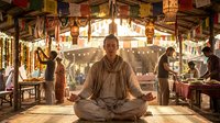 Middle-aged Caucasian man meditating in lotus position at vibrant night market with colorful prayer flags and warm lighting creating peaceful spiritual atmosphere.