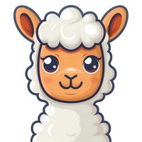 Cute cartoon llama character with fluffy white wool and orange face on isolated background, suitable for children's design, stickers and greeting cards.