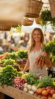 Smiling blonde woman shopping for fresh organic vegetables at farmers market holding carrots. Healthy lifestyle and sustainable local food concept.