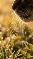 Close-up of cat's face with whiskers touching dewy grass and bokeh background, suitable for nature and pet photography projects.