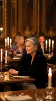 Mature Caucasian businesswoman in elegant black suit sitting at ornate wooden table with candles in luxurious restaurant or hotel dining room setting.
