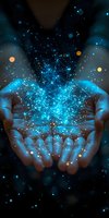 Glowing blue network constellation floating above cupped hands against dark background, with magical sparkles and light particles creating mystical atmosphere.