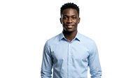 Young African American male professional wearing light blue button-up shirt, smiling at camera against white background. Corporate portrait for business, corporate, and professional use.