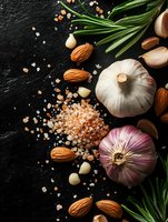 Fresh garlic bulbs, pink Himalayan salt crystals, raw almonds and aromatic herbs arranged on dark stone background for cooking and seasoning preparation.