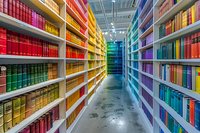 Colorful library shelves with books arranged in rainbow spectrum order, creating vibrant corridor in modern bookstore or educational facility.